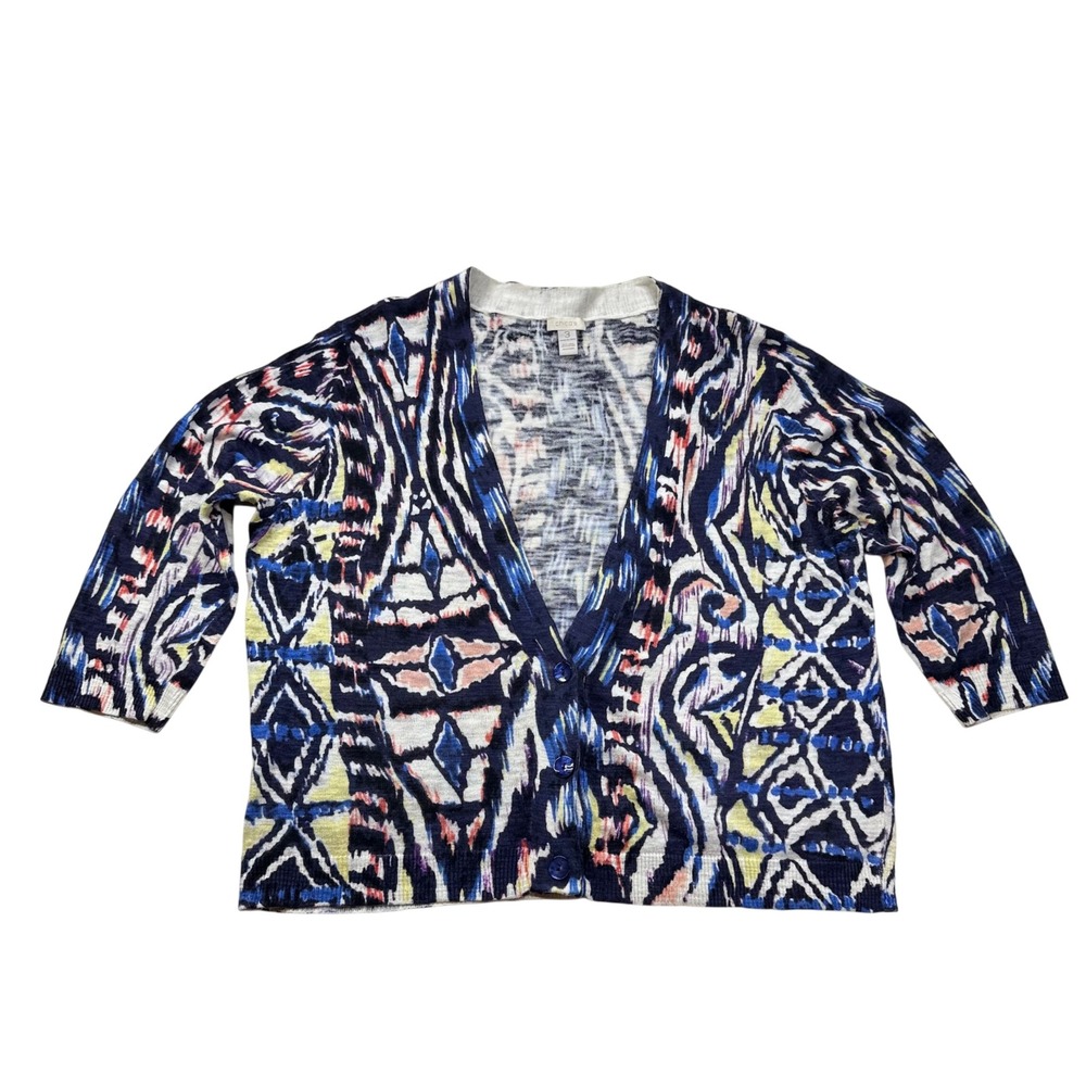 Chico's Womens Blue Multi Ikat Print Button Front Linen Cardigan Sweater Size 3